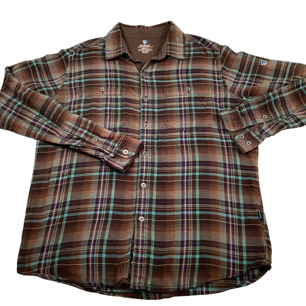 KÜHL‎ Men's Plaid Long Sleeve Button Up Shirt Small Brown Teal Tencel Blend